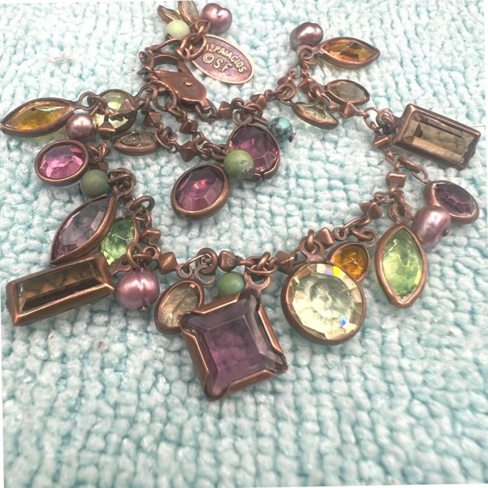 Liz Palacios SF Charm Bracelet Brass Bezel Set Crystals Multi Colored 7.5 READ